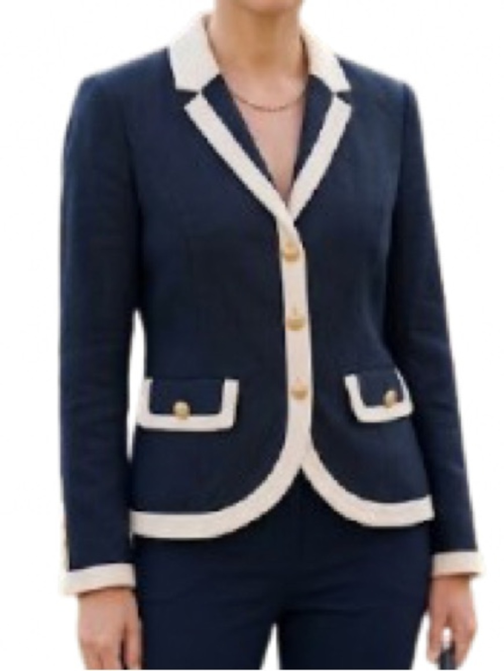 Peter Nygård Nautical Navy Linen-Blend Blazer with Contrast Trim - Size 8